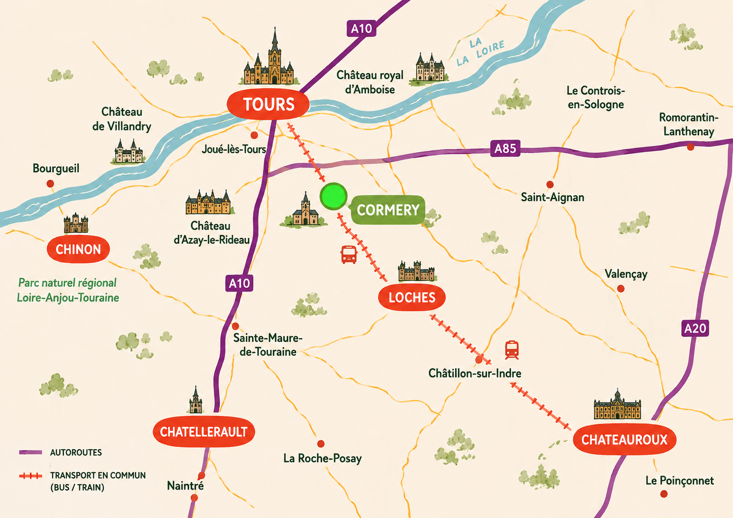 Carte : Cormery en Touraine, entre Tours et Loches